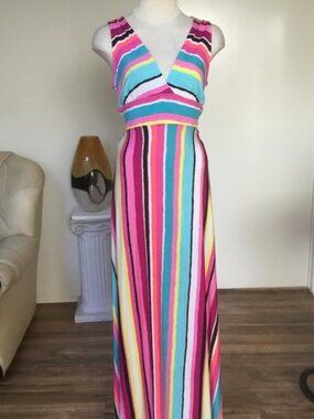 Bright Colorful Stripped Long Dress Sundress Sleeveless Cutout Back Summer S